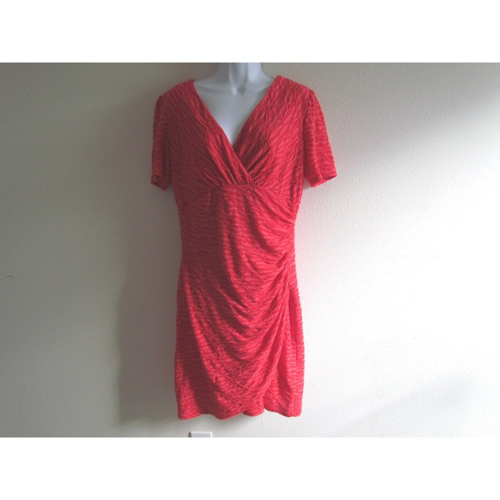 Evan-Picone Sheath Dress Size 10 Red Ruched Textured V-Neck Short Sleeve